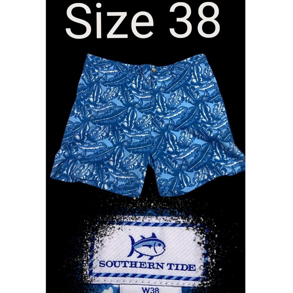 Southern Tide Stretch Mens Size 38 AOP Palm Tree Shorts Blue White